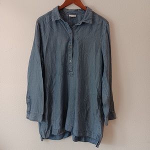 J.JILL Women’s Denim Linen Tencel Chambray Tunic Length Button Down Top Size L